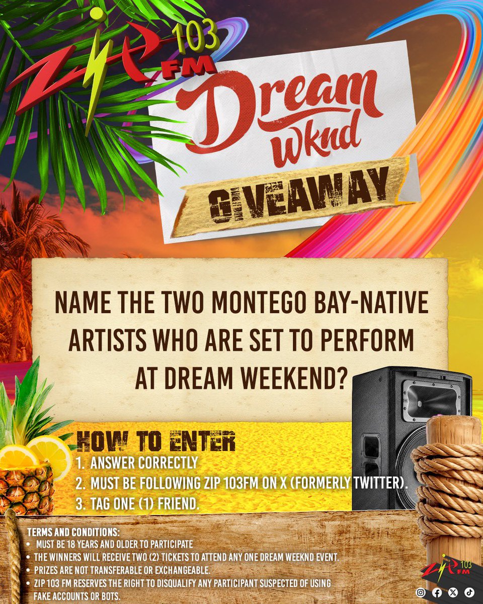 zip103fm's tweet photo. Who’s ready to make memories at Dream Wknd? 🌴☀️ We’ve got tickets up for grabs!

To enter:
🗣️ Answer: Name the two Montego Bay-native artists who are set to perform at Dream Weeknd?
👥 Tag: 1 friend in the comments below.
📲 Follow: @zip103fm 

Drop your answers below! 👇🔥 https://t.co/5oK11ZmAxa