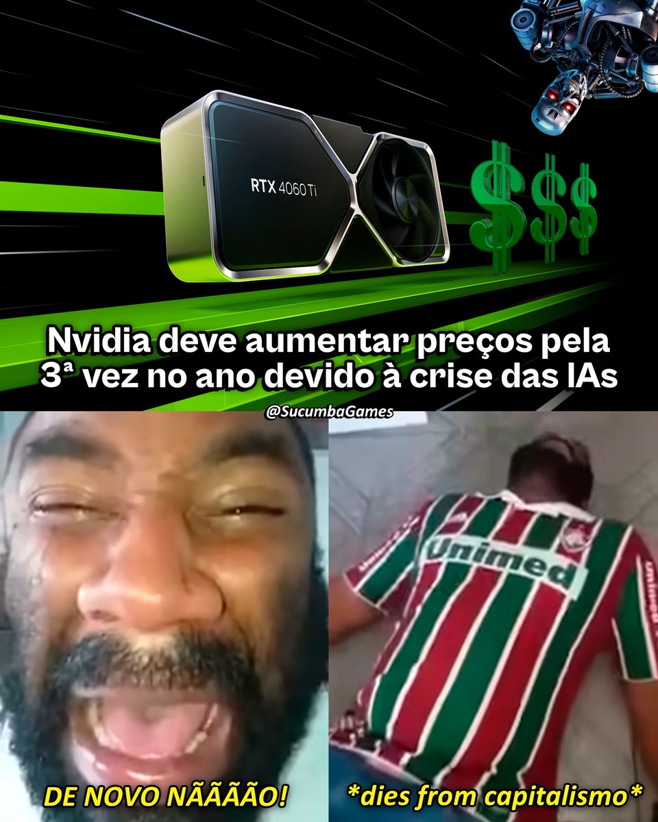 SucumbaGames's tweet photo. A Nvidia deve aumentar os preços de suas placas de vídeo GeForce em 20% a 30% em toda a linha, segundo o Jornal Economic Daily News, de Taiwan.

Caso as fontes do Jornal estejam certas, este seria o terceiro reajuste do ano e, diferente dos anteriores, valeria para todos os modelos, incluindo os que usam memórias GDDR6 e GDDR7. Segundo o relatório, a empresa já comunicou os fabricantes de placas sobre o aumento.

O motivo seria a forte alta no custo das memórias DRAM, provocada pela enorme demanda de componentes para I.A. e data centers. A produção não acompanha o volume de compras do setor, o que encarece o mercado consumidor. A Nvidia ainda não confirmou oficialmente o reajuste.

Sucumba I.A.