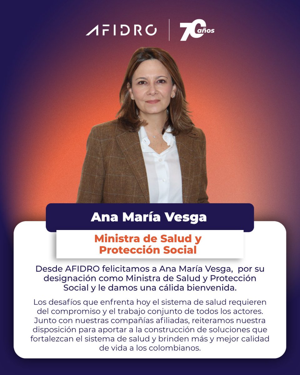 afidro_colombia's tweet photo. Felicitamos a @AnaVesga_G  por su llegada al Ministerio de Salud y Protección Social @MinSaludCol. Desde el gremio reiteramos nuestra disposición para trabajar de manera articulada con el Ministerio y con los demás actores del sistema, siempre comprometidos con el país y con los pacientes.

Confiamos en que esta nueva etapa estará guiada por el diálogo, la construcción conjunta y un propósito común: fortalecer el sistema de salud y lograr una mejor salud para todos.