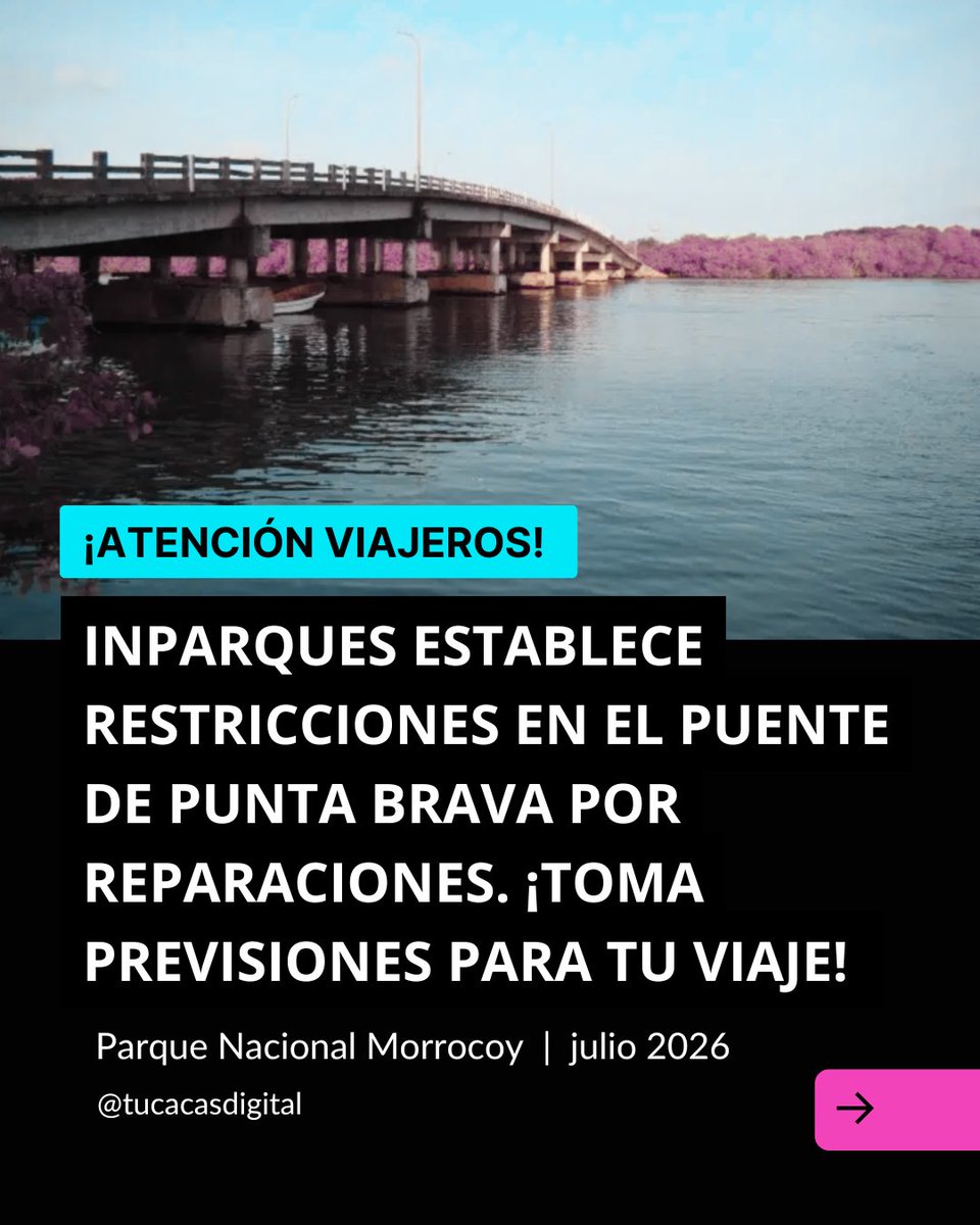tucacasdigital's tweet photo. ⚠️ Restricciones en el puente de Punta Brava entrada al Parque Nacional Morrocoy por reparaciones estructurales.

✅ Permitidos: Sedán y Pick-Up (modalidad 1x1).
❌ Prohibidos: Camionetas SUV, buses y carga pesada.

📍 Embarcaderos a los cayos operando al 100%. https://t.co/xXn8eVYnBB