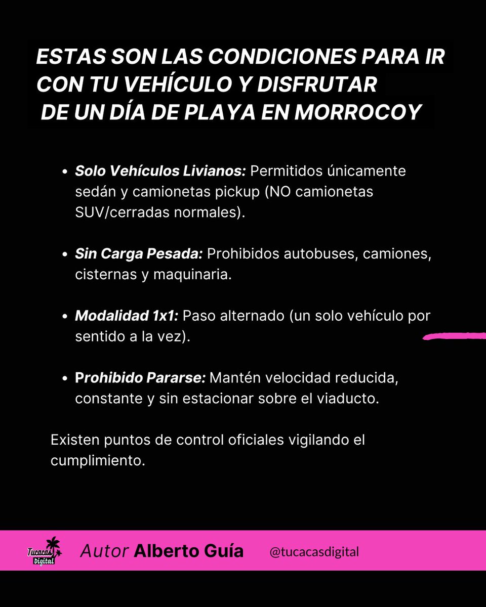 tucacasdigital's tweet photo. ⚠️ Restricciones en el puente de Punta Brava entrada al Parque Nacional Morrocoy por reparaciones estructurales.

✅ Permitidos: Sedán y Pick-Up (modalidad 1x1).
❌ Prohibidos: Camionetas SUV, buses y carga pesada.

📍 Embarcaderos a los cayos operando al 100%. https://t.co/xXn8eVYnBB