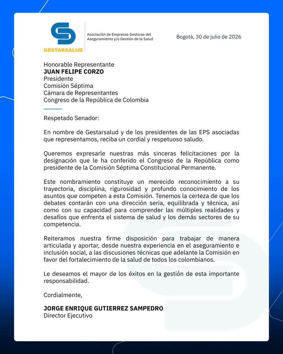 Gestarsalud's tweet photo. Felicitamos al Representante @juanfelipecorzo por su elección como Presidente de la Comisión Séptima de la Cámara. Desde @Gestarsalud reiteramos nuestro compromiso con el fortalecimiento de la salud en Colombia. 🇨🇴 https://t.co/DOs1CLzDW7