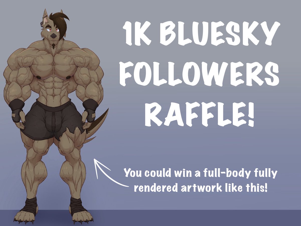 kaioatt's tweet photo. 🎉 1,000 BLUESKY FOLLOWERS RAFFLE 🎉 

Winner gets a full-body fully rendered artwork!

To enter:
Like + Repost + Follow
Comment your character’s ref sheet

Any gender + species allowed (Muscles preferred)

Winner will be announced same time, next week (August 6th, 12am BST) https://t.co/pGJ7VjANf5