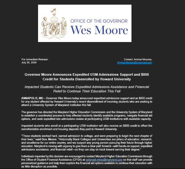 GaryCollins's tweet photo. INBOX: Maryland Gov. Wes Moore announced this afternoon an $800 credit for students disenrolled by Howard University, a private institution in Washington, D.C.

The credit will apply to students seeking to attend a University System of Maryland public institution this fall. https://t.co/CLlFQmioF6