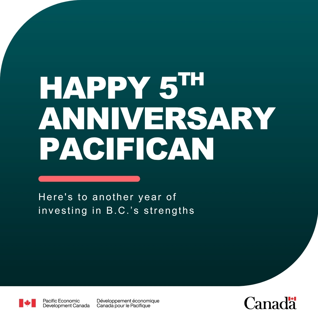 PacifiCanEN's tweet photo. Happy anniversary, PacifiCan! 🎉

For 5 years, PacifiCan has invested in businesses, communities and organizations to drive growth, unlock opportunities and strengthen B.C.'s economy.

Thank you to our partners, clients and communities. Together, we're building a stronger Canada.