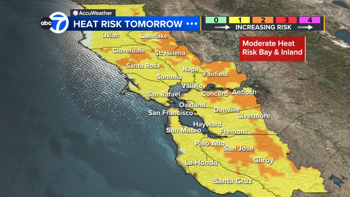 SandhyaABC7's tweet photo. Rough &amp; dangerous surf continues into weekend so be careful!  Temps on the rise today for most, even hotter inland next few days!  Moderate heat risk for parts of bay/inland.  Elevated fire danger through weekend.  #SanFrancisco #BayArea #CAwx #forecast https://t.co/JnZXct9yJy