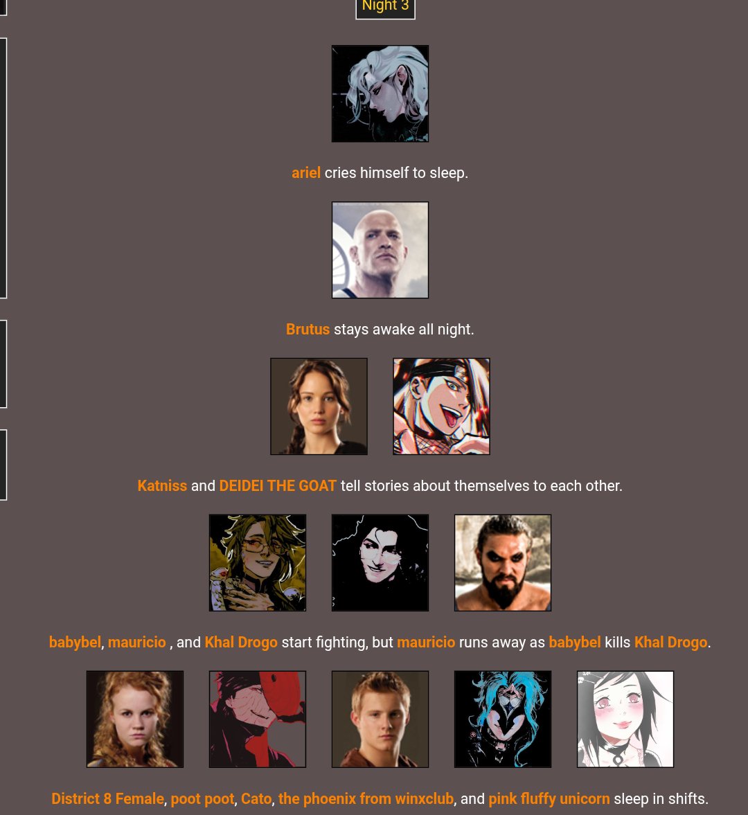 BAAKUHATSU's tweet photo. NIGHT 3:

ariel crying aboht the people he killed lmfao
Brutus dont gaf

uh yeah so how does it feel to have a stupid ass face katniss

KHAL DROGO DEAD 

no deaths aside from hjm LMAO https://t.co/ujXowcq03f