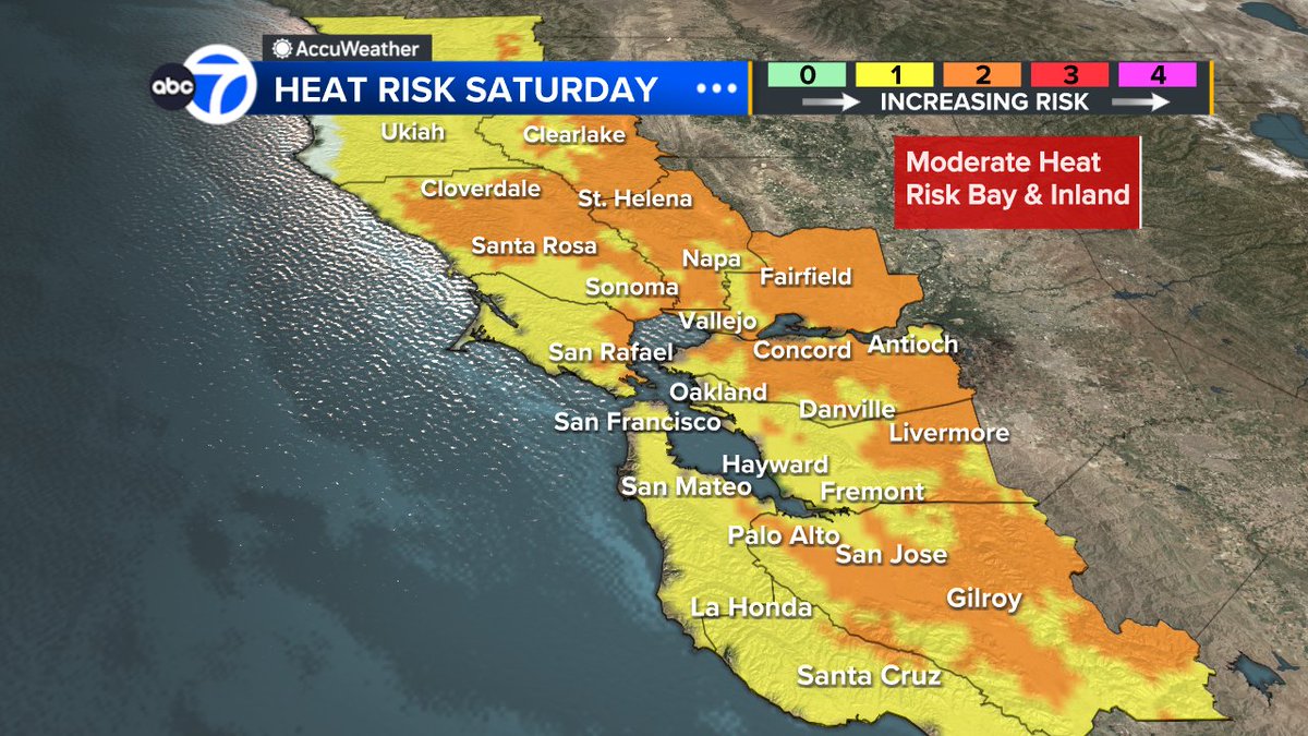 SandhyaABC7's tweet photo. Rough &amp; dangerous surf continues into weekend so be careful!  Temps on the rise today for most, even hotter inland next few days!  Moderate heat risk for parts of bay/inland.  Elevated fire danger through weekend.  #SanFrancisco #BayArea #CAwx #forecast https://t.co/JnZXct9yJy