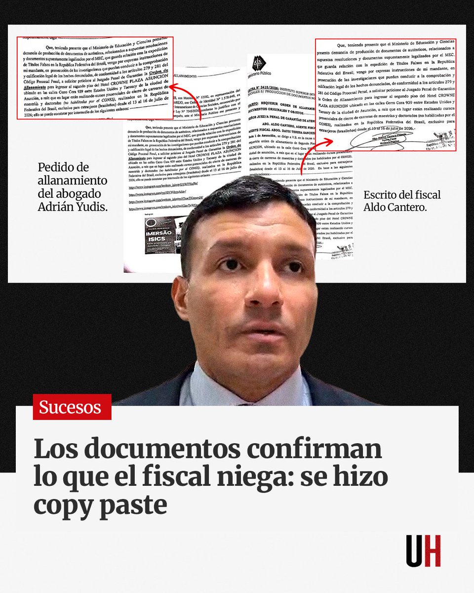 UltimaHoracom's tweet photo. 1️⃣ Luego de una publicación de ÚH, que demostraba que el fiscal Aldo Cantero copió y pegó la solicitud de un abogado para allanar un seminario, el agente contestó primeramente negando el copy paste, pero luego abrió la posibilidad de que se haya transcripto el documento.
https://t.co/sK8rVvXi8N