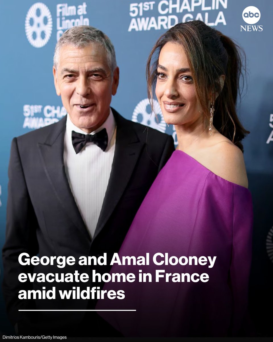 ABC's tweet photo. George and Amal Clooney evacuated their home in Brignoles, France, this week as wildfires tore through the region, sending a moving note to the town's mayor as they left.
 
Read more: https://t.co/tdHXZnBvQu https://t.co/dkOxEnQH0t