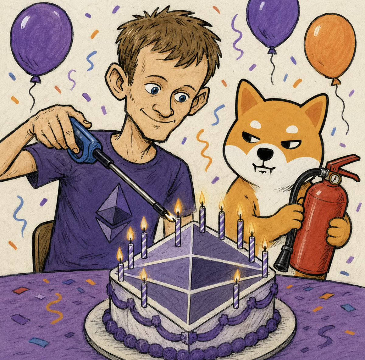 Shibtoken's tweet photo. Happy 11th birthday, Ethereum. 🎂

Naturally, we put Vitalik in charge of the candles. https://t.co/P5sm6wp74k