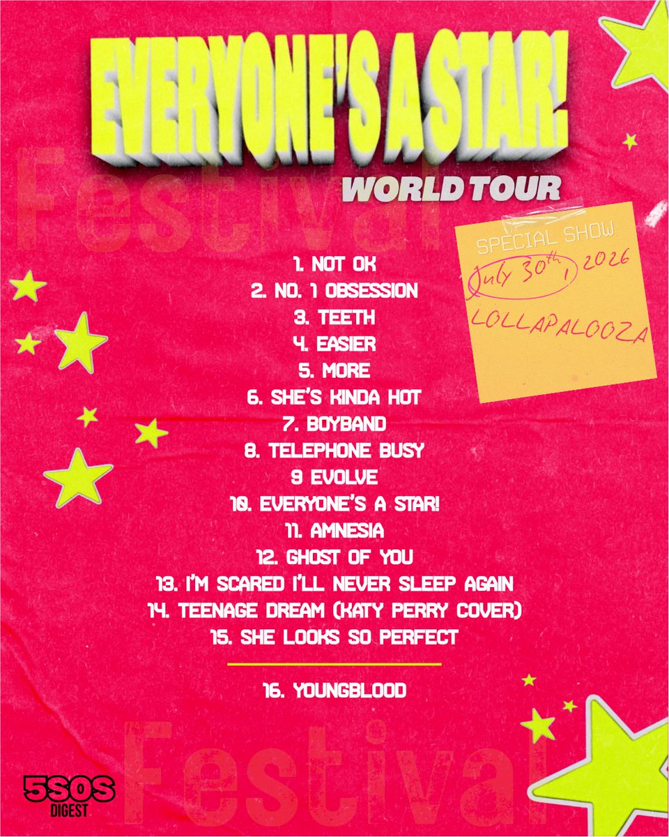DigestEASTour's tweet photo. ⭐️ EVERYONE’S A STAR! World Tour ⭐️
// SETLIST // • Lollapalooza 
#LollaIsAStar🍭
#EASLollapalooza⭐️ https://t.co/cKTeFrPiW1