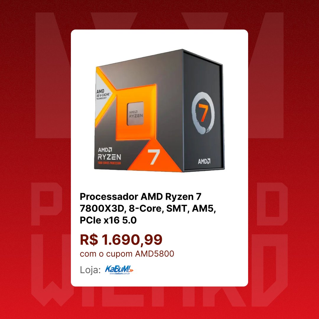 pcbuildwizard's tweet photo. AMD Ryzen 7 7800X3D, 8-Core, SMT, AM5, PCIe x16 5.0

R$ 1.899,99 (R$ 1.690,99 com o cupom AMD5800)

Frete Grátis (consulte o CEP)

Avaliação: ⭐⭐⭐⭐⭐ 🥇

Loja: KaBuM!
https://t.co/gE08WGiakK

Menor preço em 90 dias: R$ 1.783,51
Mediana dos preços de 90 dias: R$ 1.949,00 https://t.co/GYawErdyd3