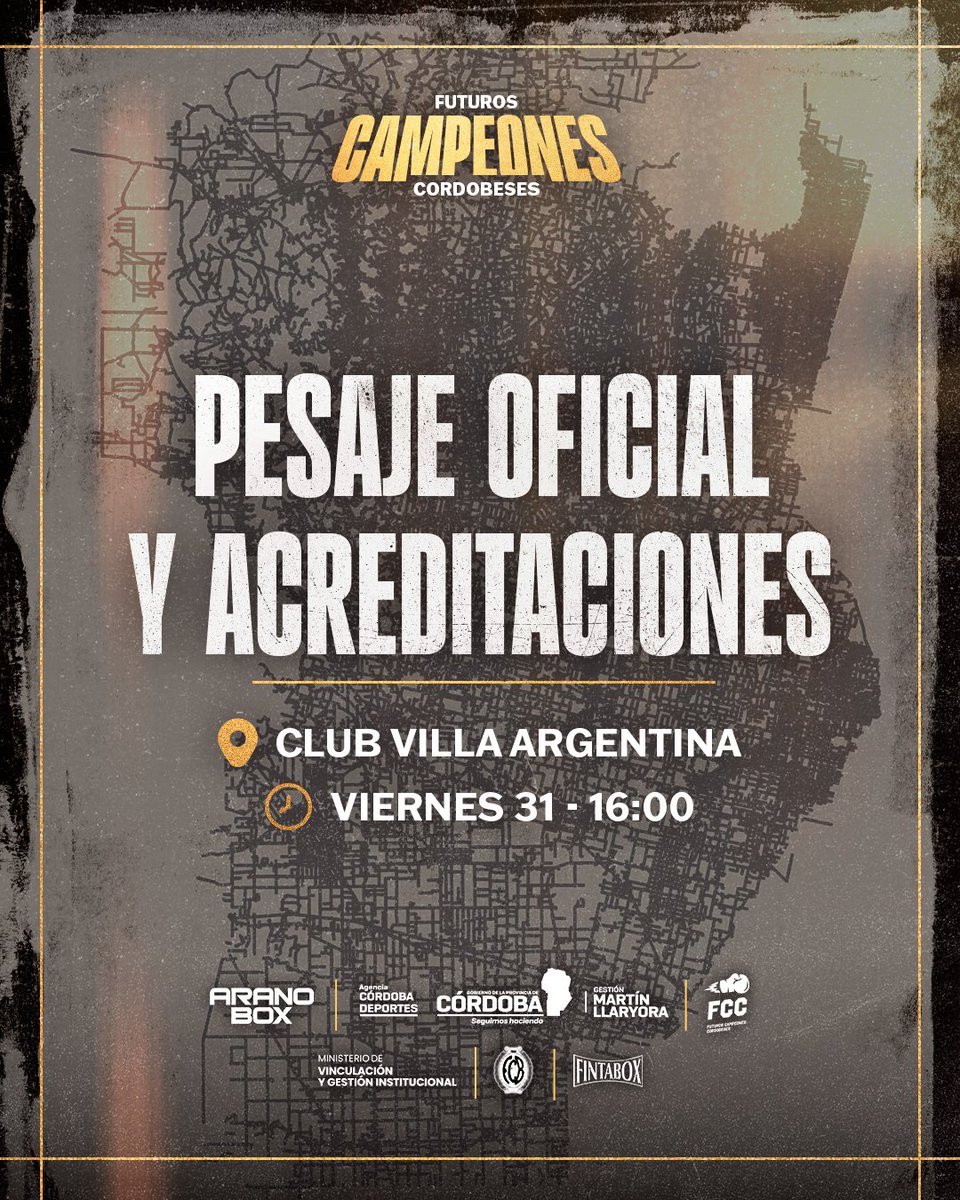 aranoboxok's tweet photo. 🥊 FCC EN MARCOS JUÁREZ 🔥
📣 Pesaje Oficial y Acreditación de Prensa de una nueva edición de Futuros Campeones Cordobeses.
📍 Club Villa Argentina
📅 Viernes 31 de julio
🕓 16:00 h
#FCC #FeCorBox #AranoBox #CórdobaDeportes #MarcosJuárez #BoxeoCordobés #PesajeOficial #Prensa https://t.co/0hFceDvN5W