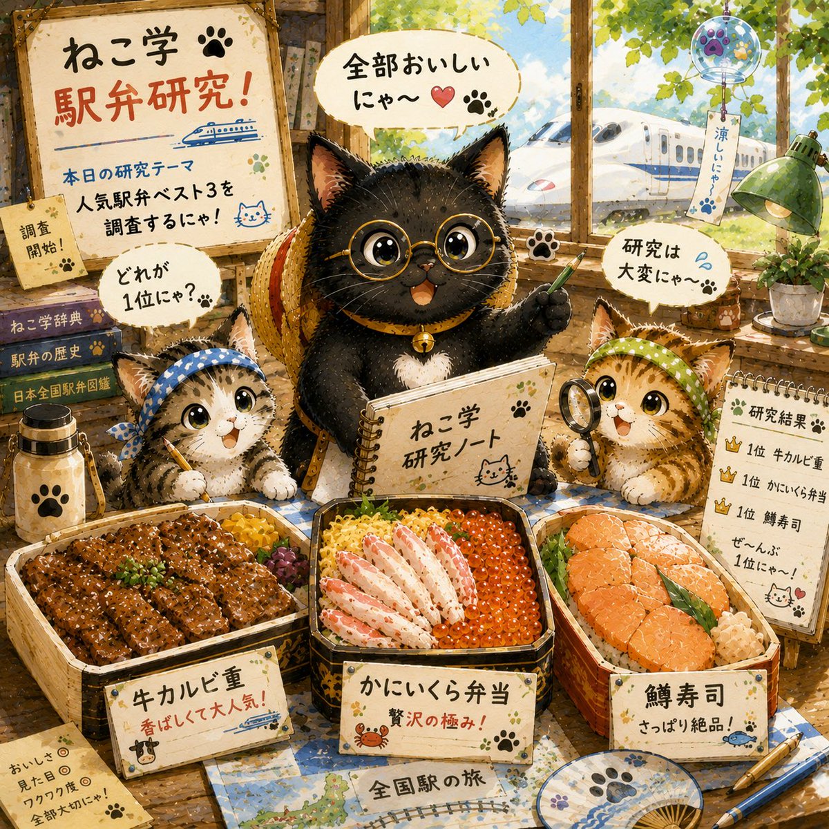 jun_blair_melon's tweet photo. おはにゃ〜🍱 🐈‍⬛ 🐾 今日は駅弁研究の日にゃ✨ どれもおいしそうで迷っちゃうにゃ🤤 旅気分も一緒に楽しむにゃ🚄

#おはにゃ #黒猫 #猫 #駅弁 #新幹線 #夏休み #癒し #猫好き #クロ https://t.co/FkDgm81XaU