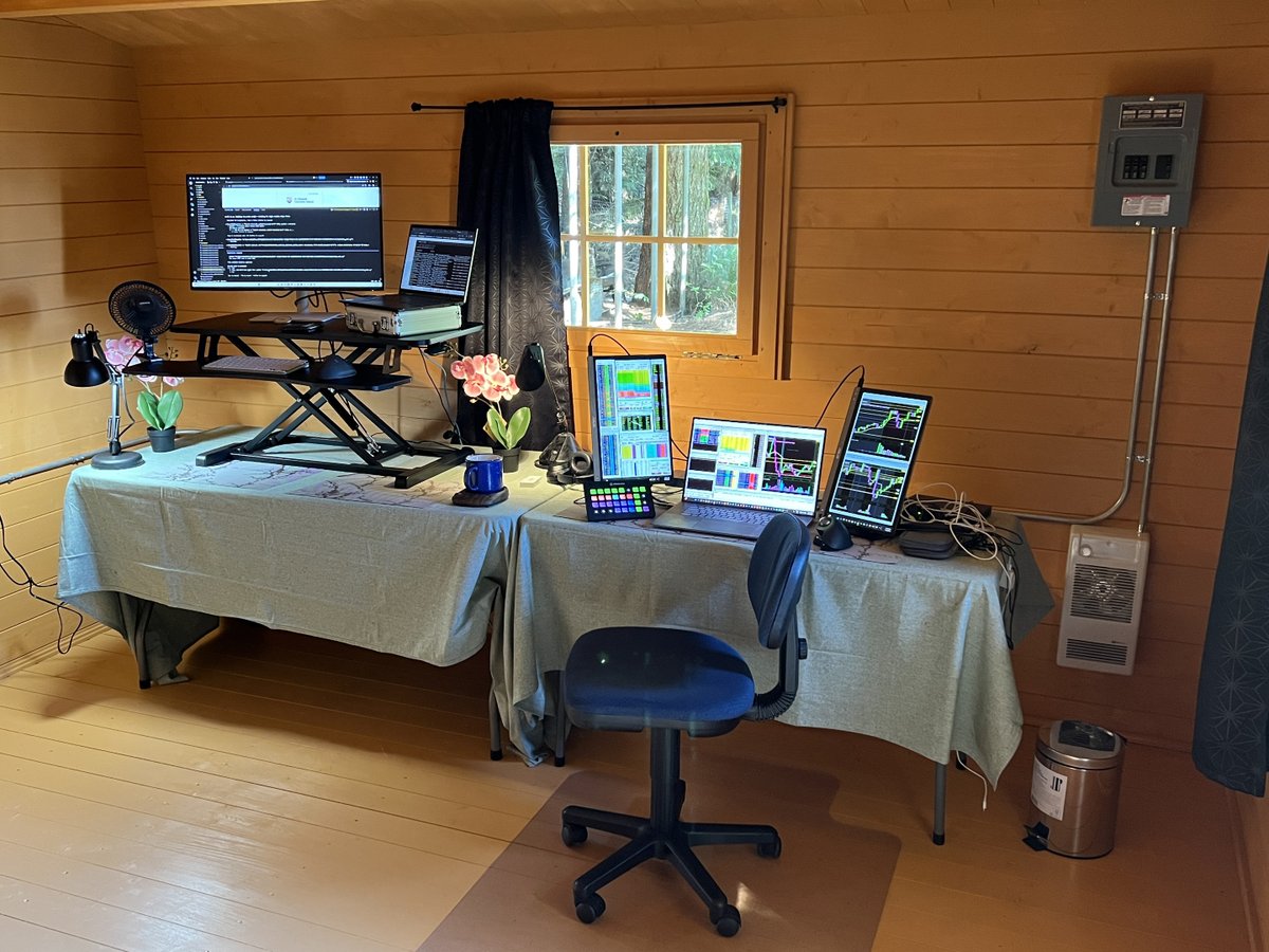 trader_medic's tweet photo. What a beautiful time to be alive.
This is Linda’s Shed,  our backyard bunkie turned full trading command centre. Golden wood, black trim, forest all around, and inside… multi-monitor setups running live charts while the trees watch through the window.

No commute. No noise. Just pure focus, fresh air, and the markets.

Grateful for days like this.

#TraderMedic #TradingLife #HomeOffice #CabinOffice #DayTrading #OptionsTrading #SPY #QQQ #WorkFromHome #BeautifulTimeToBeAlive