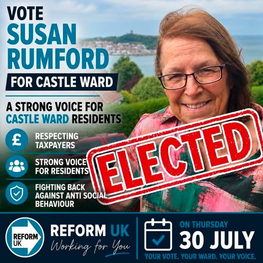 KeyworkerMan's tweet photo. Cllr Susan Rumford has won the Scarborough Town Council byelection in castle ward 😎
#ReformUK hold 👍 https://t.co/XHagtKNQtS