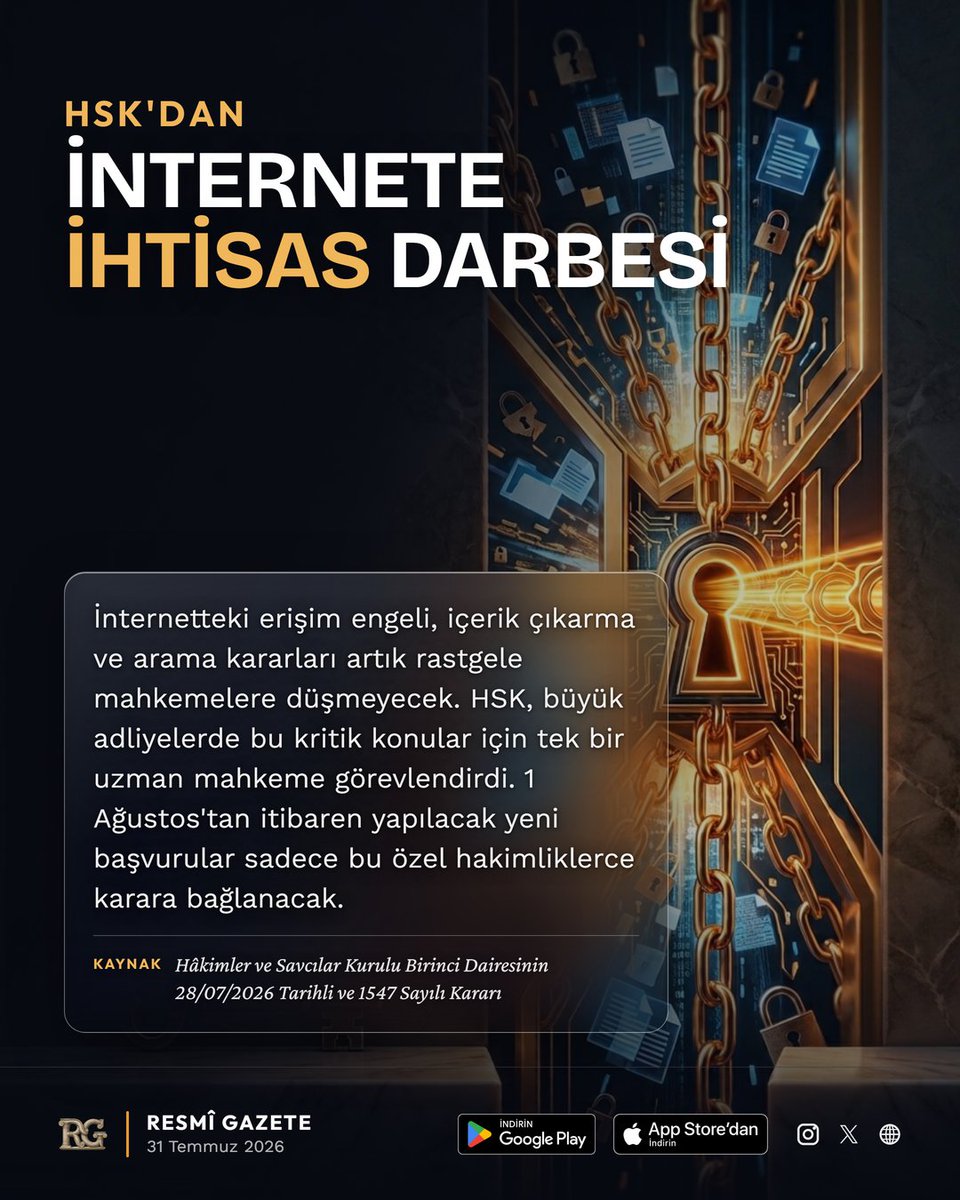 regasapp's tweet photo. HSK'DAN İNTERNETE İHTİSAS DARBESİ

Kaynak: Hâkimler ve Savcılar Kurulu Birinci Dairesinin 28/07/2026 Tarihli ve 1547 Sayılı Kararı

#resmigazete #hukuk #gündem #mevzuat #hsk #i̇htisaslaşma #sulhcezahâkimliği #yargıd��zenlemesi #i̇nternetyayınları https://t.co/n0q2OPrlB6