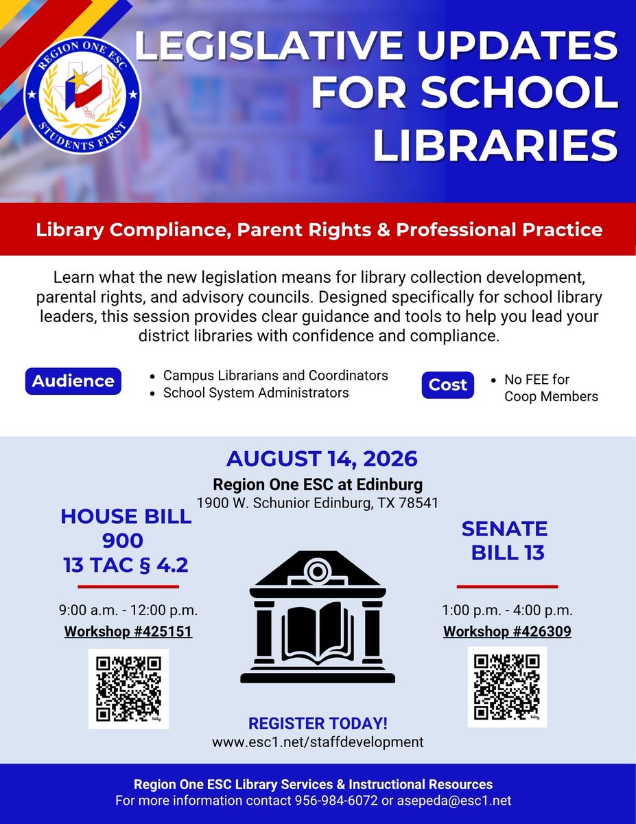 esc1library's tweet photo. 📚School Library Legislation Updates! Join us for a day of training and connection as we prepare for the 26-27 school year. https://t.co/g1Jx1YuFbq
