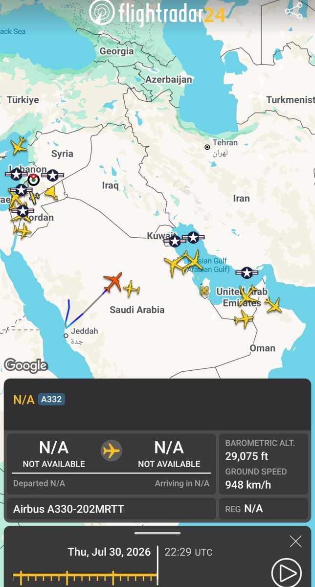 MenchOsint's tweet photo. E-3G AWACS active near Kuwait, several USAF tankers from Tel Aviv &amp; Riyadh operating, Saudi Tankers also heading towards the same area, another night of airstrikes ? https://t.co/8QqADA92hB