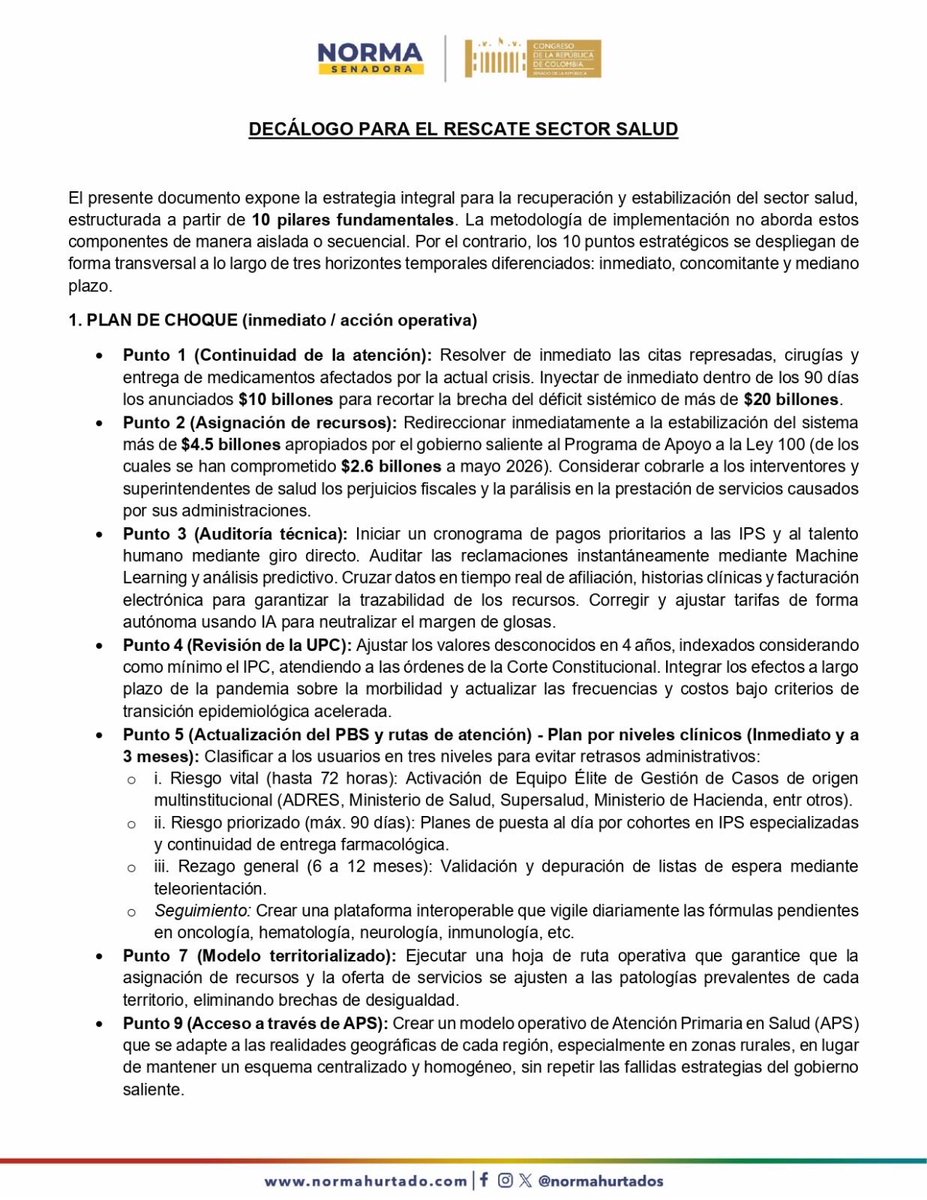 normahurtados's tweet photo. Ministra @AnaVesga_G: llegó la hora de poner fin a la larga noche oscura que vivió la salud en Colombia. Durante cuatro años advertimos, debatimos y resistimos desde el @SenadoGovCo junto a pacientes, profesionales y la academia frente al desmantelamiento del sistema.

Reconstruir lo que destruyeron será un inmenso reto, pero el país no puede esperar más. Juntos debemos recuperar lo mejor del sistema, corregir lo que nunca funcionó y devolverles a los colombianos la tranquilidad de acceder a una atención digna.

Le propongo respetuosamente este decálogo que recoge la experiencia, las propuestas y el trabajo técnico que construimos durante estos cuatro años. Ojalá sea una hoja de ruta para el nuevo equipo de rectoría, pagos y vigilancia del sector salud que usted liderará.