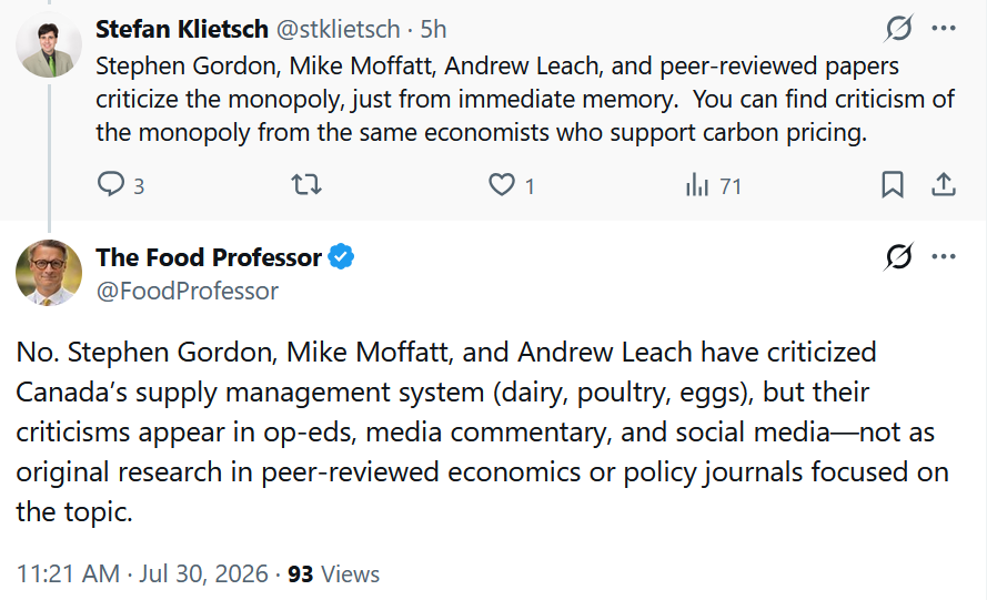 andrew_leach's tweet photo. After seeing this little back-and-forth, I decided to take a look at the @foodprofessor's research that appears in peer-reviewed journals on the topic of supply management. As always, read the @foodprofessor's papers rather than taking his claims at face value. Thread to follow: https://t.co/sKHHuSoi8d