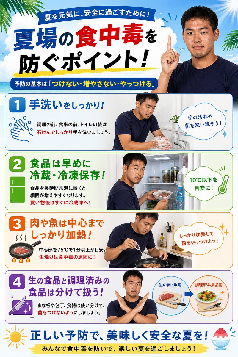 koji_ysenpai's tweet photo. 【夏場の食中毒に注意！】

高温多湿の夏は、食中毒が発生しやすい季節だゾ

・こんな症状が出たら要注意
吐き気、嘔吐、腹痛、下痢、発熱

・予防のポイント
手洗いを徹底する
食品はすぐに冷蔵・冷凍する
肉や魚は中心までしっかり加熱する
生の食品と調理済み食品は分けて扱う

「つけない・増やさない・やっつける」を意識して、食中毒を防ごう！