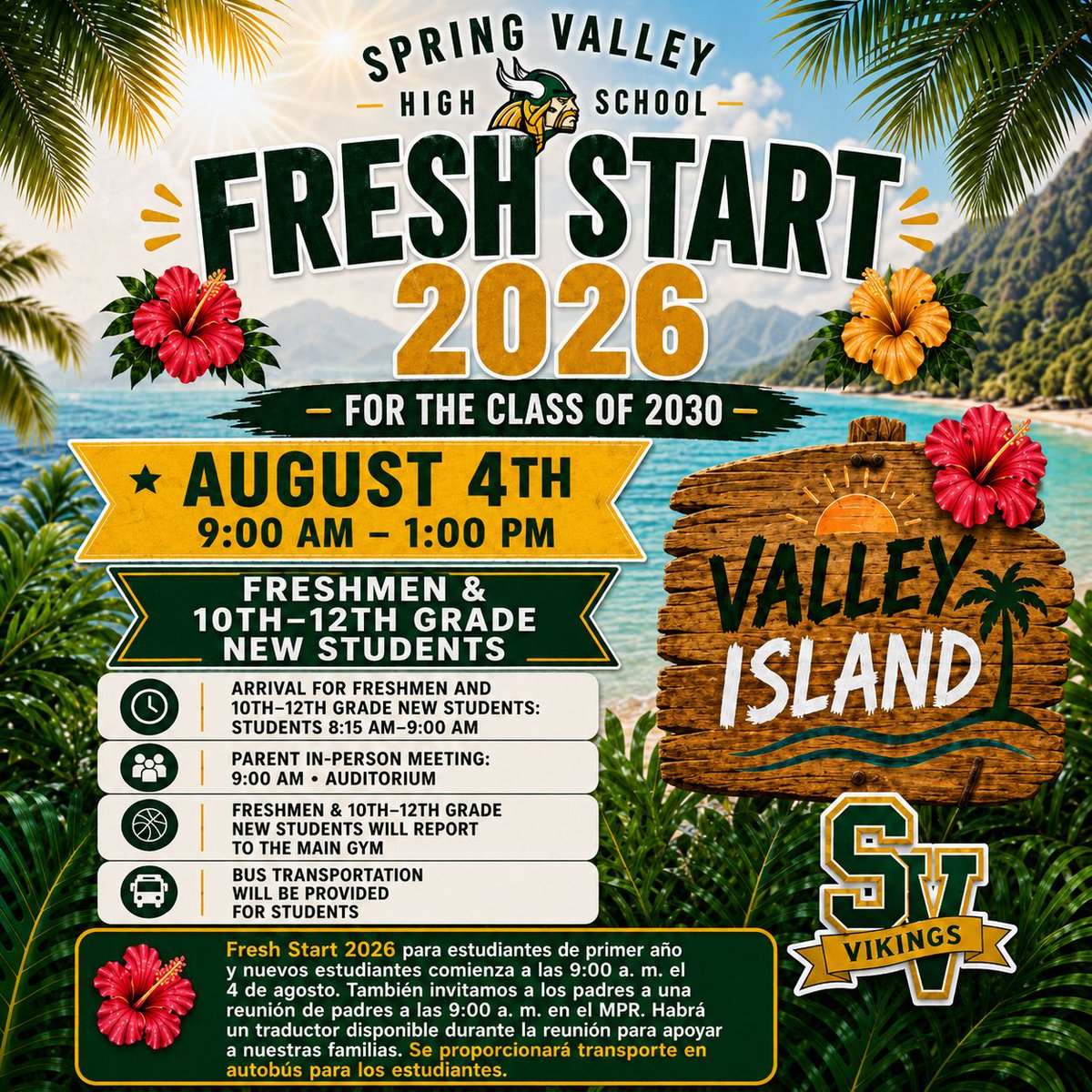 SV_Vikings's tweet photo. 🏝️ Welcome to Valley Island: Fresh Start 2026!

📅 August 4
⏰ 9:00 AM–1:00 PM
👨‍👩‍👧 Parent Meeting at 9:00 AM

Join us as we prepare you for a great year at the Valley! More information is available in ParentSquare. 💚💛 @richlandtwo https://t.co/OAJjOw8QBi