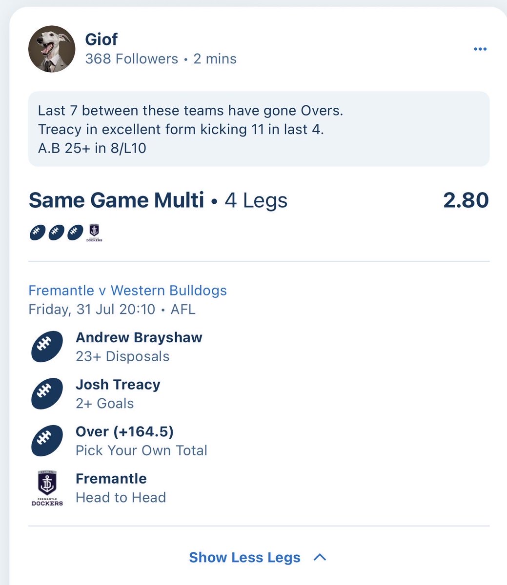 betwithgiof's tweet photo. #afl Friday!
#fremantle V #westernbulldogs 

#sportsbet https://t.co/sWRbtPOSTx