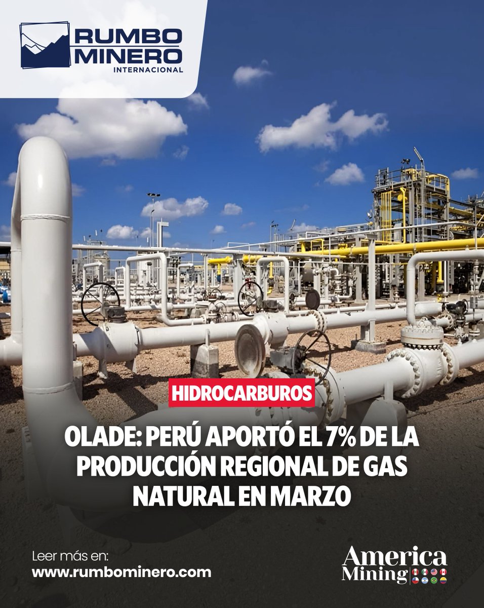 rumbominero's tweet photo. ⛽🇵🇪 Perú aportó el 7% de la producción de gas natural de América Latina y el Caribe en marzo de 2026, según la Olade. La producción regional creció 5% y alcanzó 22.000 millones de m³.

🔗 Más información: https://t.co/zJRjBxFclp

#GasNatural #Perú #Olade #Energía #Hidrocarburos https://t.co/1MH8HwK8bP