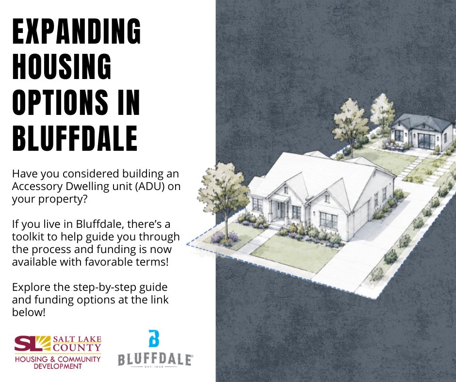 SLCoRegionalDev's tweet photo. Thinking about adding an Accessory Dwelling Unit (ADU) to your Bluffdale property?

Bluffdale City is now accepting applications for low-interest loans for Bluffdale residents who are interested in building an ADU on their property.

Learn more and apply: https://t.co/DggaTxCycw https://t.co/EDc9yvbe4b
