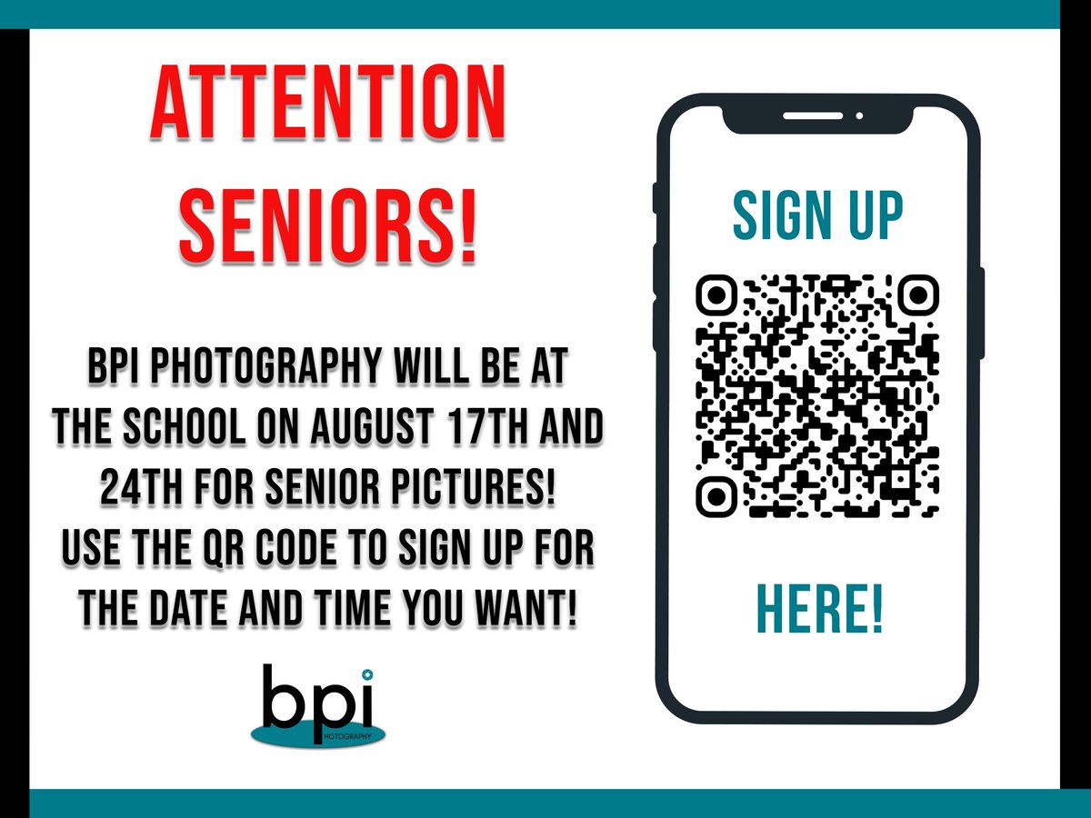 WHS_Seminoles's tweet photo. Attention SENIORS! BPI Photography will be at Westside August 17th and 24th for SENIOR PICTURES. Use the QR Code to sign up for the date and time you want!
#Built4Bibb #WestsideWinsEveryDay #ClassOf27 #SeniorPictures https://t.co/7NSiJdkrHQ
