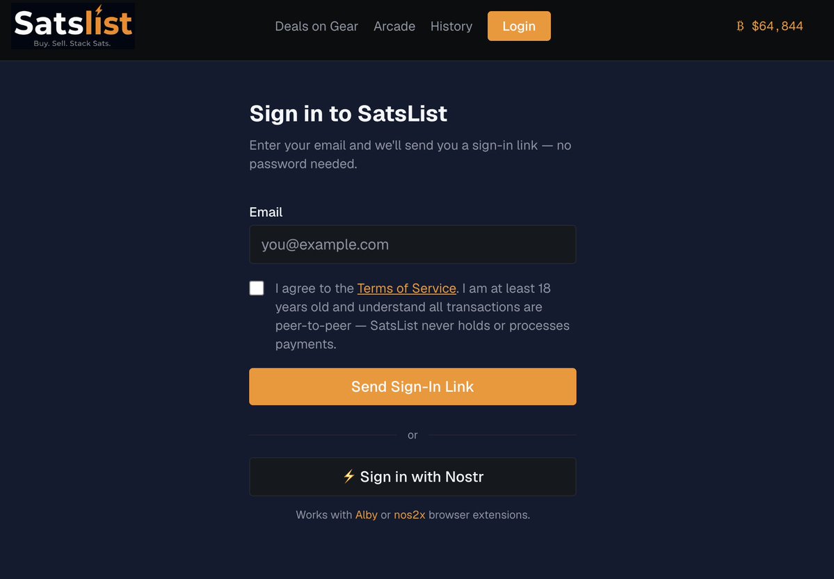 satslist's tweet photo. ⚡ SatsList now supports Nostr login

Sign in with Alby or nos2x — no email, no password, just your keys.

Bitcoin-only P2P marketplace. Zero fees. Direct Lightning payments.

🟠 https://t.co/xuI1OzLIIb https://t.co/cbHQMjXNa5