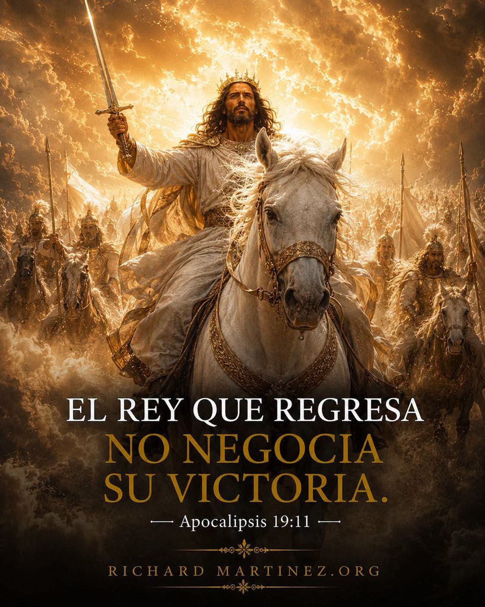 cantanterichard's tweet photo. “Entonces vi el cielo abierto; y he aquí un caballo blanco, y el que lo montaba se llamaba Fiel y Verdadero.” — Apocalipsis 19:11

Cristo no regresará como un rey derrotado, sino como el Señor victorioso. Su regreso será visible, glorioso e imposible de detener. El cielo se abrirá y toda autoridad reconocerá quién gobierna verdaderamente.

Durante un tiempo, el mal parece avanzar sin límites. La injusticia levanta su voz y muchos llegan a pensar que Dios permanece en silencio. Pero el silencio del cielo nunca significa ausencia; significa que el día señalado todavía está por llegar.

El Rey que regresa no negocia su victoria. No viene a pedir permiso ni a compartir su trono con las tinieblas. Viene a establecer justicia, derrotar definitivamente al mal y cumplir cada palabra que ha prometido.

Su caballo blanco representa triunfo, pureza y autoridad. La espada levantada anuncia que ninguna mentira, poder humano o fuerza espiritual podrá resistir delante de su verdad.

Esta promesa debe despertar esperanza en los que sufren y reverencia en quienes viven alejados de Dios. Cristo viene, y nuestra mayor preparación no consiste en conocer una fecha, sino en mantener el corazón rendido, la fe encendida y la vida en obediencia.

No permitas que las noticias, las crisis o el miedo gobiernen tu corazón. Aunque el mundo parezca fuera de control, el trono de Dios continúa firme y la historia avanza hacia la victoria de Jesucristo.

Señor Jesús, ayúdame a vivir preparado para tu regreso. Limpia mi corazón, fortalece mi fe y permite que mi vida refleje tu luz mientras espero tu gloriosa aparición. En el nombre de Jesús, amén.

Escribe “Cristo viene y su victoria es segura” y comparte este mensaje con alguien que necesite recordar que el Rey todavía tiene la última palabra.
#motivationalquotes #motivationalquote #RichardMartinez