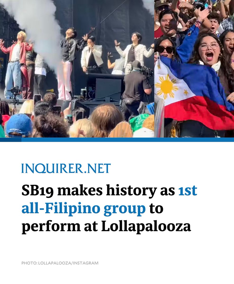 inquirerdotnet's tweet photo. P-pop Kings SB19 took Lollapalooza’s Allianz Stage before thousands of festivalgoers, waving the Philippine flag high as cheers erupted across Chicago’s Grant Park. 

READ MORE: https://t.co/CuNJpeh1r3 https://t.co/DSAYGVgLD9
