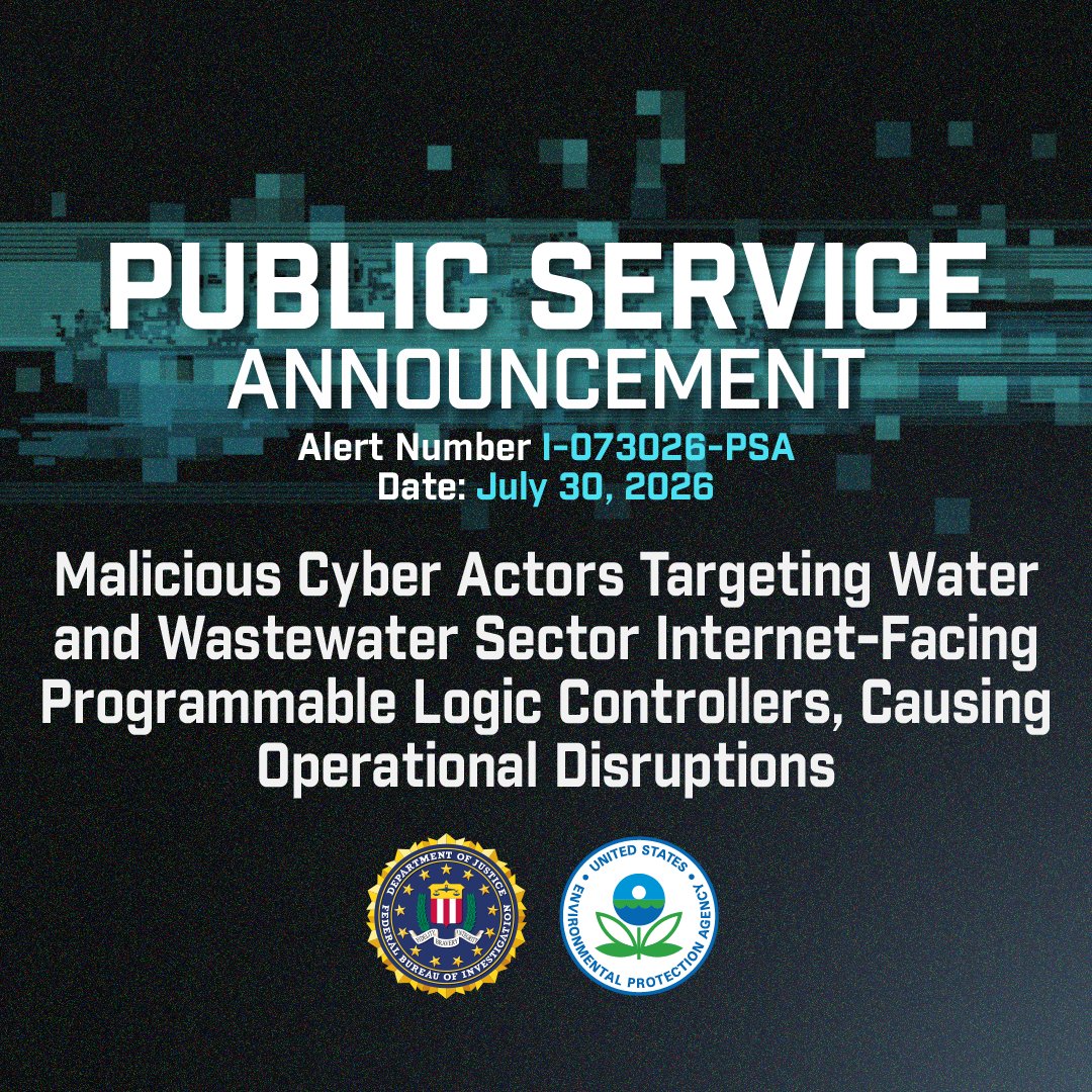 FBICyberDiv's tweet photo. 🚨 FBI PSA: Malicious Cyber Actors Targeting Water and Wastewater Sector PLCs

The FBI warns that malicious cyber actors are conducting cyber attacks targeting operational technology devices. These threat actors are remotely accessing internet-facing PLCs, changing IPs and passwords, and causing operational disruption, including pressure loss and flooding. 

Key Protective Measures:
➡️ Disconnect PLCs from the public-facing internet
➡️ Change default passwords
➡️ Restrict network access
➡️ Set physical PLC mode switches to “Run”
➡️ Maintain manual operation capability
➡️ Review PLC project files
➡️ Plan for end-of-life replacements

If you or someone you know has sustained similar OT outages, please contact your local FBI field office and file a complaint at https://t.co/iqgVZIbCru. 

For full details and guidance: https://t.co/0FHzG3xgpJ