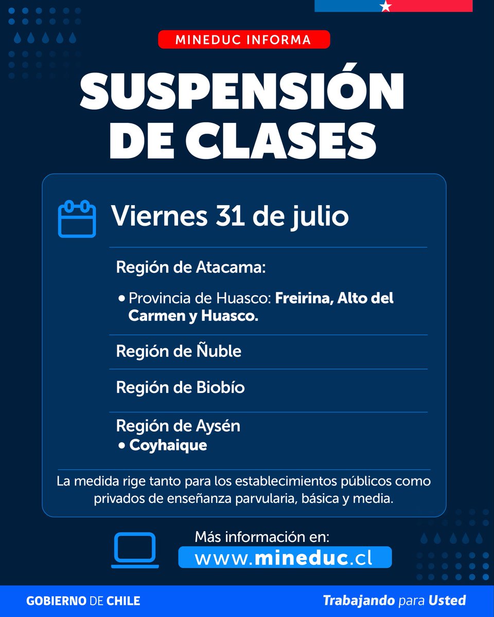 Mineduc's tweet photo. Por efectos del sistema frontal, se suspenden las clases para mañana viernes 31 de julio en las siguientes regiones:
•En la región de Atacama, en las comunas de Huasco, Freirina y Alto del Carmen.
•Región del Ñuble.
•Región del Biobío.
•Región de Aysén, comuna de Coyhaique. https://t.co/9INeASioQv