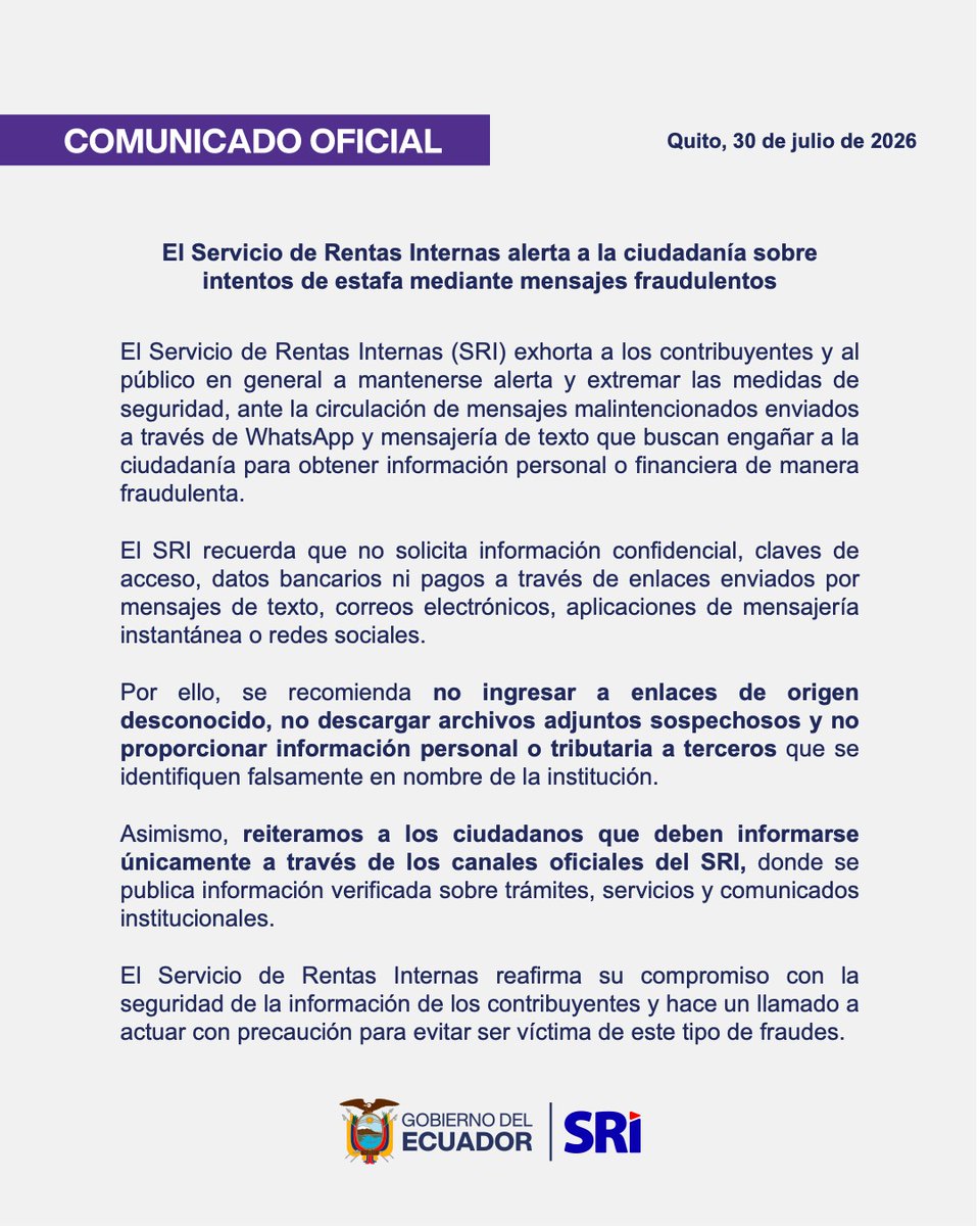 SRIoficialEc's tweet photo. | Comunicado oficial | https://t.co/w2e9OnlQD0