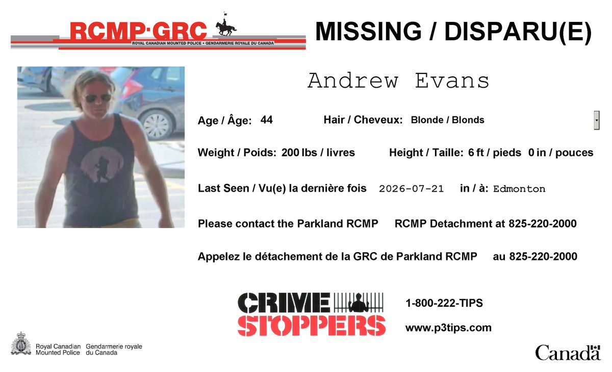 RCMPAlberta's tweet photo. #Missing: Andrew Evans, 44, #Parkland. Last seen in #Edmonton. Believed to be driving a 2019 Jetta Volkswagen with Alberta license plate: CPY3541. https://t.co/BXqhQd5Yrt
