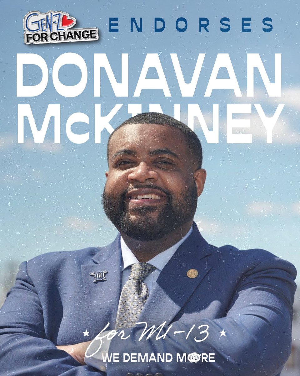 genzforchange's tweet photo. We’re proud to endorse @DonavanMI13 for Congress. 

A lifelong Detroiter and State Rep, Donavan has fought to end big money’s influence in Michigan politics. 

In DC, he’ll champion Medicare for All, a Green New Deal, tuition-free college, and ending U.S. military aid to Israel. https://t.co/VuBT8naUoe