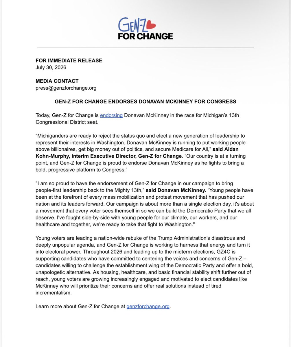 genzforchange's tweet photo. “I’m so proud to have the endorsement of Gen-Z for Change to bring people-first leadership back to the Mighty 13th. Young people have been at the forefront of every mass mobilization that’s pushed our nation forward. Together, we’re taking that fight to DC.” - Donavan McKinney https://t.co/qyOYcsZnF1