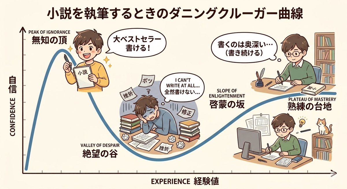 kiichirosjp's tweet photo. 「満を持して公募に応募した小説が」の人ですね。結論を先に書くと、現在の質問者さんは、僕がいう「脱稿ハイ」の状態にあります。「最初の投稿作を脱稿し」「自分の作品に絶大な自信が満ちている」「自分の筆力は『タコ』なのではなく『現代の評価基準とズレているだけ』と思いたい」という状態です。
この「脱稿ハイ」は、よくあるものです。小説はダニングクルーガー効果がきわめて出やすい分野で、いろんな局面で出ます。参考になるリンクを張っておきます。

〉自作に対して建設的なフィードバックを受ける方法を探しています。

いつもだと「さっさと小説講座に通いなさい」というのですが、「満を持して」さんは、いま通っても、あまり効果がないかなあ。

>文壇の評価基準が自分が想定とかなり違う

わかりやい言葉で書くと「質問者さんに、下手の自覚がない」です。

 〉自分の作風は前衛ではなく、むしろ一昔前なら王道と言われる系統だと思っていたので

1作目の作品で「自分の作風」を語る、おかしさに気づいておられるでしょうか。

〉知り合いに読んでもらったところ
〉上記の感想が出たことで、ある程度自分の目論見は成功したかな

対面での知人の講評は「褒める以外に、友人はこの場を切り抜ける方法がない」のを理解しましょう。

いま、質問者さんはダニングクルーガー効果の「バカの山」に差し掛かっています。それは過渡期なので、気にすることはありません。少し筆力がつくと、メンタルが撃沈するのでご注意ください。

小説はなぜダニングクルーガー効果が出やすいのか
https://t.co/EwbMtSQnT2