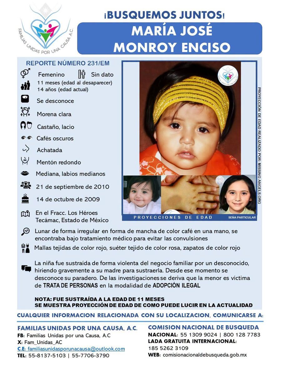 Fam_Unidas_AC's tweet photo. BUSCAMOS A:
Marijo fue sustraída violentamente cuando tenía solo 11 meses de edad en #Tecámac #Edomex. De acuerdo c/las investigaciones, fue víctima de trata en la modalidad de adopción ilegal. Hoy tiene alrededor de 16 años y su familia no ha dejado de buscarla ni un solo día. https://t.co/M0dTBX0FmG