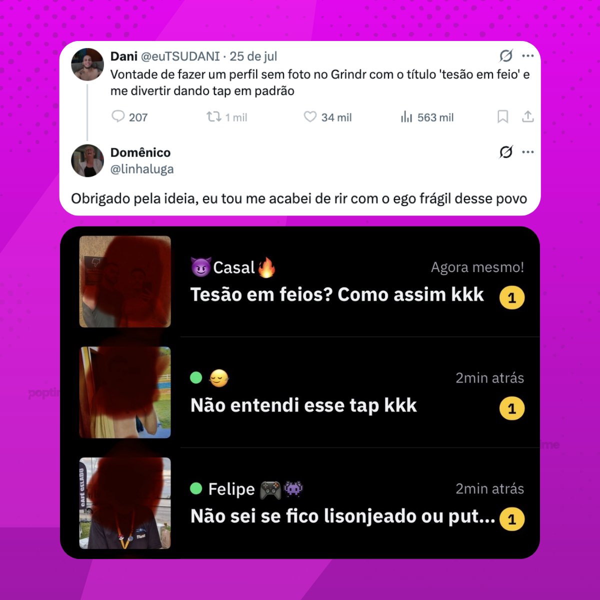poptime's tweet photo. Homem criativo dá ideia de ferir o ego de pessoas no Grindr, outro com a audácia suficiente rouba a ideia, e o resultado viraliza na web. https://t.co/MsxghRfCJg