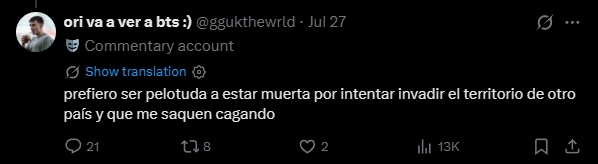 Malvinas_args's tweet photo. @porquetendencia ESPERO EMPIECEN CON ESTA GORDA URUGUAYA QUE VIENE EL 23 DE OCTUBRE A VER A BTS A LA PLATA PERO SE LA PASABA RIENDOSE DE NUESTRA GUERRA Y DICIENDO QUE SOMOS N4ZIS. https://t.co/q8MJ8Z8VTV