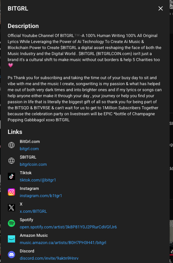 BlTGRL's tweet photo. Dear @Youtube @YoutubeTeam & @YouTubeCreators , just wanted to personally thank you for letting me know via notices there is a "ai" tag i didn't know ,  but have updated all other videos now that i do and also to let you know ( since i am a 100% Real Human behind this X account and all other of my social media accounts including my YTAccount ( https://t.co/AQhCyDNWHT ) that the face I use on all of my marketing promotions is mine and also ALL my songs are 100% Original Song lyrics that I have created solely , with that said though is that i do use ai technology to help me generate the beat & so I have gone ahead and marked that on all my videos to insure quality control and to also differentiate from the videos in the future once I do learn how to create my own beats from scratch that listeneres and viewers of my community can also see and watch and view the growth of me just starting off as a songwriter /producer ( coz even if i use ai to generate the beats is that the beats do not come out the box, i tweak them heavily until they're just right , but my ultimate goal is to build up the funds and the confidence to both record using my own voice and also build up the knowledge of how to make beats from scratch. But until i both acquire those two things, is that I'm just learning as I go and taking it one step at a time . I know right now there's a HEAVY debate online about whether or not a "Artist' should or should not use "ai" to generate beats, and I just want to say , 1. some artists can sing ( without ai ) , 2. some artists can write songs ( without ai ) , 3. some can only perform (without ai) , and 4. others can only create beats ( without ai) , and some artists are lucky and can do ALL 4. without ai , But right now I can only write songs without ai , perform without ai ( i know how to dance and will start making tiktoks live in the future with my music , and so with that said is that so far with very little funding i can do 2 out 4 things. But my goal in the future is to do ALL 4 organically, but again, I have zero training , zero record label , zero actual recording equipement just a old Mac Desktop and I'm grinding out 100% orignal song lyrics /ai song beats with them to hopefully 1 day either be able to start making money ( royalites from my songwriting) and or secure a record deal so that maybe i would have the confidence to sing my own songs with the help of someone mixing and mastering my vocals and lastly I'm also a blockchain dev ( again very limited) but i'm trying to make a difference and trying to give a voice to others who do struggle with mental health issues like I do a place and space to hear my words ( lyrics) and the VERY real things i've been through both in life and blockchain that quite literally blocked my throat chakra for so many years and it is ONLY because of Ai Music /Beat Creation via @suno that I am able to feel a sense of professional purpose again, like i'm actually good at something ( writing lyrics) and mixing and generating beats until i create a banger with their software, everyone can make a beat that's simple but to make an ai beat banger that takes hard word and dedciation , sometimes i go through like 10 to 100 generations of 1 song until it comes out just how i want it , some ppl cal that "ai slop" but what i call ai slop , is actually the HUMAN RENAISSANCE of music, for the first time someone like me with basically zero budget zero expensive equipement ( renting recording studios is super expensive , professional recording equipement is 10's if not 100's of thousands of dollars , and that has been a barrier to entry for so many , until now , so the way Suno is leveling the playing field so that songwriters have an actual chance to get their music out is amazing , similarily to how blockchain technology levels the playing fiedl for everyday retail investors that don't have 100K to invest in prefereed stocks can buy memecoins . Anywho I digress, my point of all of this is to say I am 100% human ( my real name is Courtney Driver I am the 100% orignal song writer on ALL of my songs and https://t.co/izWMppbkzX aka $BITGRL is my digital twin that i am able to bascially express my art through to become not only a brand BUT a cultural movement and shift to let ppl know , $BITGRL is music without borders ( I write songs in all languages and our community is bridging the power of ai and blockchain to hopefully change the world some day both in the music charts and the crypto charts @BITGRLCOIN . So with that said SPECIAL THANK YOU TO YOU YOUTUBE AND YOUTUBE CREATORS AND YOUTUBE TEAM and SUNO for allowing this renaissance of human and ai creation to exist and thrive without it so many people like myself, would be in a state of depression or doomscrolling coz the alternative is wouldn't have the tools or the platform to create. Sincerely and Respectfully , Courtney Driver aka $BITGRL a songwriter on a mission to either perform my own song lyrics myself one day at a real live event OR to gain or garner the attention of someone or a record company that would like to purchase the song lyrics /song rights from me so that my songs could be sung by someone who is/was born with a voice that could take them to the next level or beyond . But for now will continue being a 1 woman / 1 ai beat generating show and trying to provide music daily that touches peoples hearts and also moves their soul! Thank You for your time and Your Amazing Plateform <3 https://t.co/izWMppbkzX