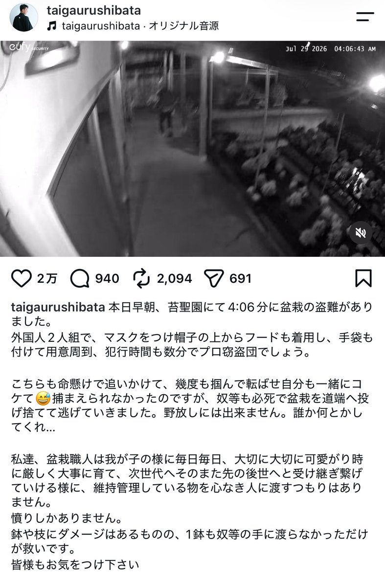 japan_miyu_'s tweet photo. 【悲報】

一昨日、静岡の苔聖園にて4:06分に盆栽の盗難
（盆栽生産）

良くわからない言語を話しており犯人は
"外国人"2人組 https://t.co/m6vlAT3DHf https://t.co/r3pQAUrP1v