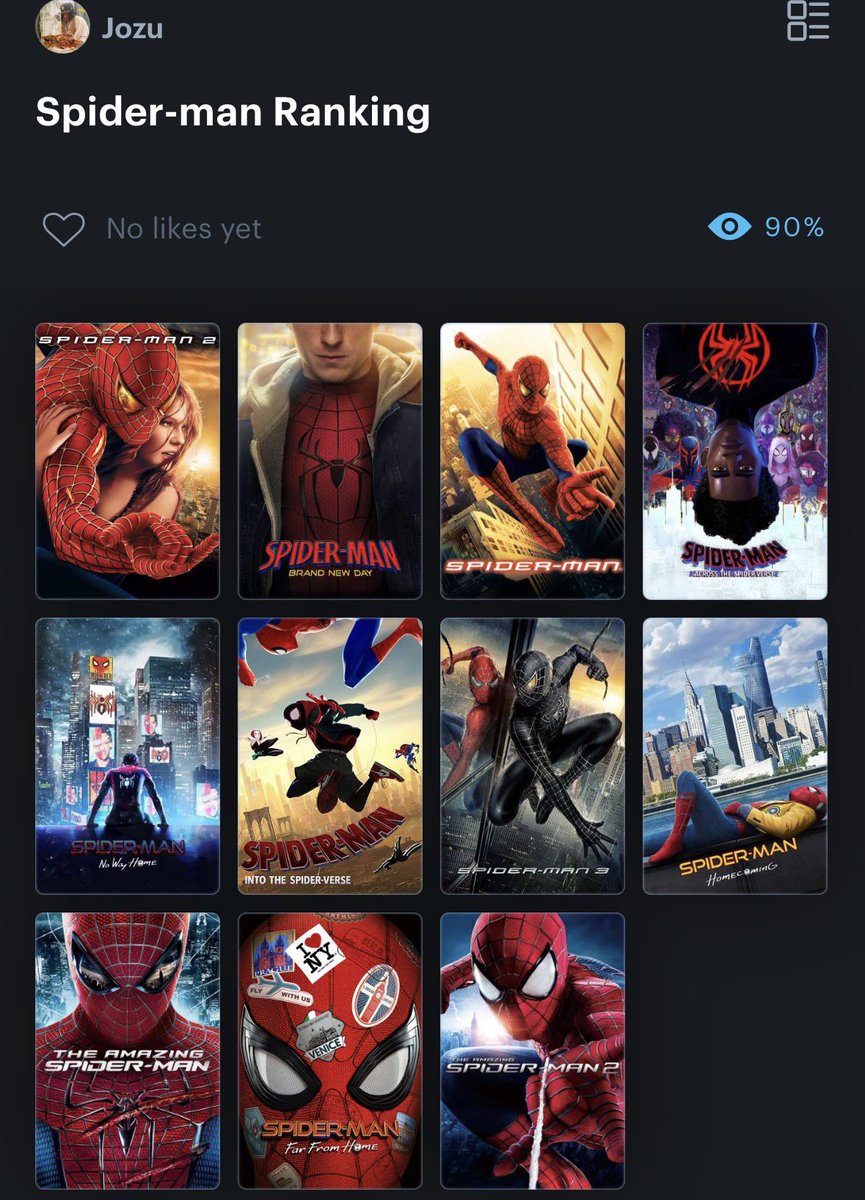 JozuJoestarr's tweet photo. My Spider-Man movies ranking https://t.co/wWGnD7JT6v