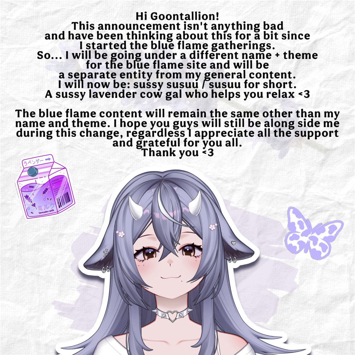 sussysusuu's tweet photo. [ Announcement ]
Nice to meet you! I’m Susuu, your lavender cow gal who’s just a tad bit sussy ( ∩´͈ �� `͈∩)
The next pick up time won’t be until later, so stay tuned for my next announcement! https://t.co/XtIVmw94J2