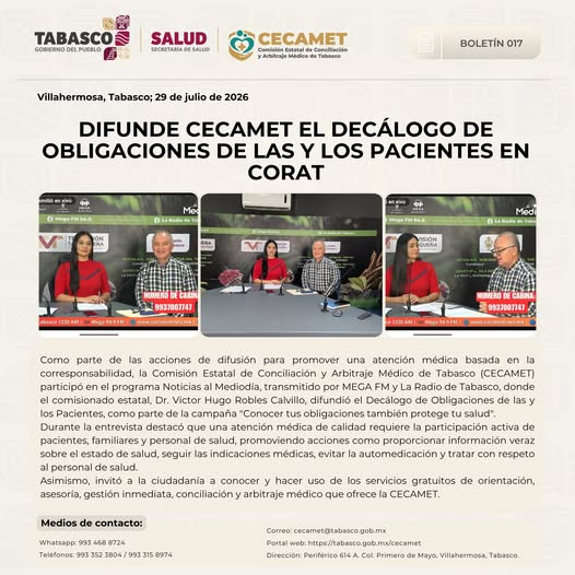 CECAMETTab's tweet photo. A través de la campaña "Conocer tus obligaciones también protege tu salud", la CECAMET difundió el Decálogo de Obligaciones de los Pacientes durante una entrevista en CORAT, promoviendo una cultura de corresponsabilidad para prevenir conflictos y fortalecer la atención en salud. https://t.co/D4IbClqaEe